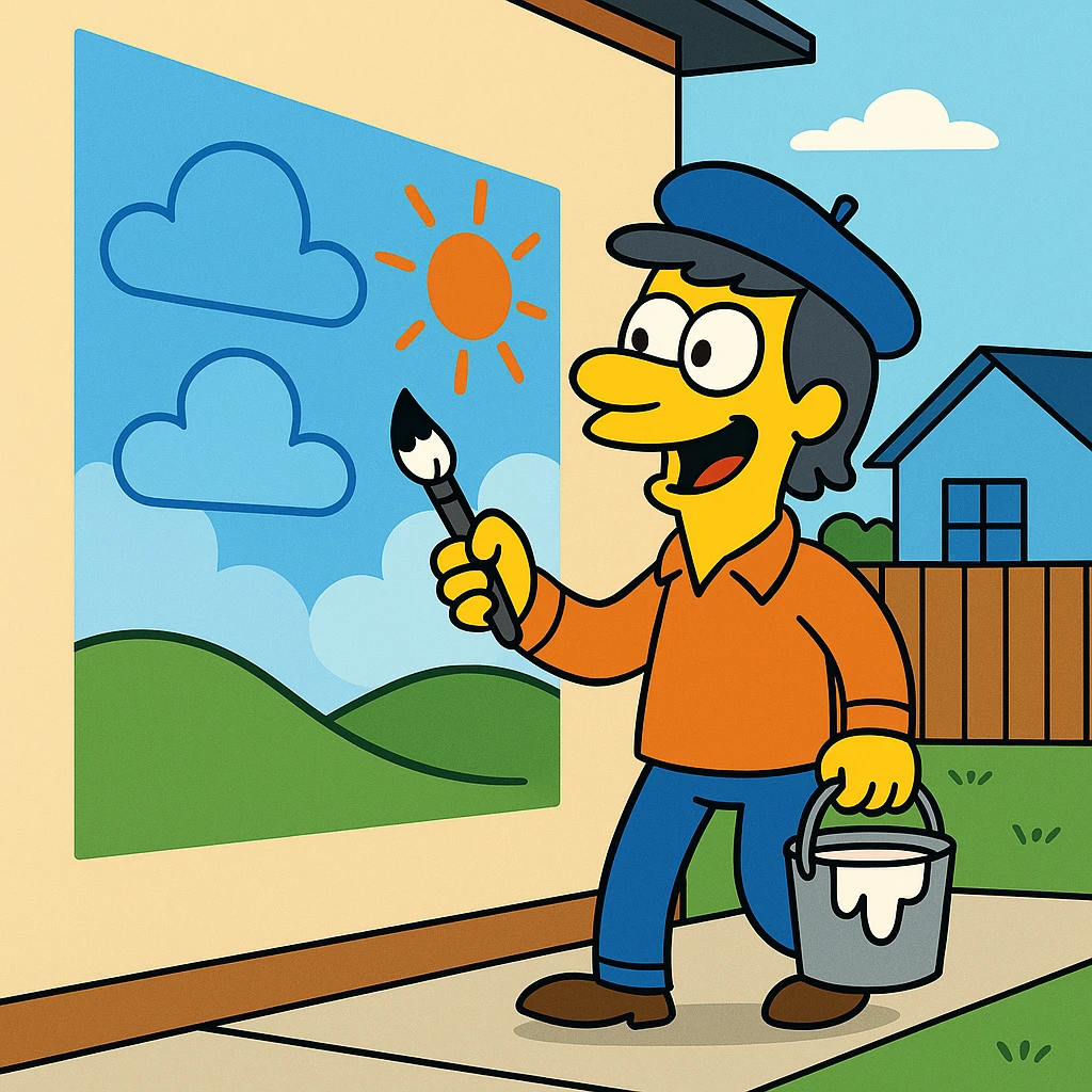The itinerant artist traveled from town to town painting murals (big pictures painted on walls, often outside or in public places). emoji