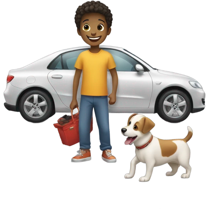 smiling young boy with car and dog emoji