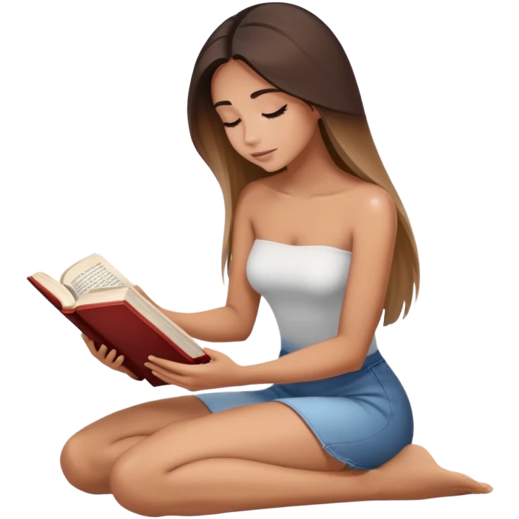 Art of woman's very sexy body scheme anatomy-bare shoulders and black eyes-very long straight brunette hair ombre-kneeling-front-leaning back and reading book emoji