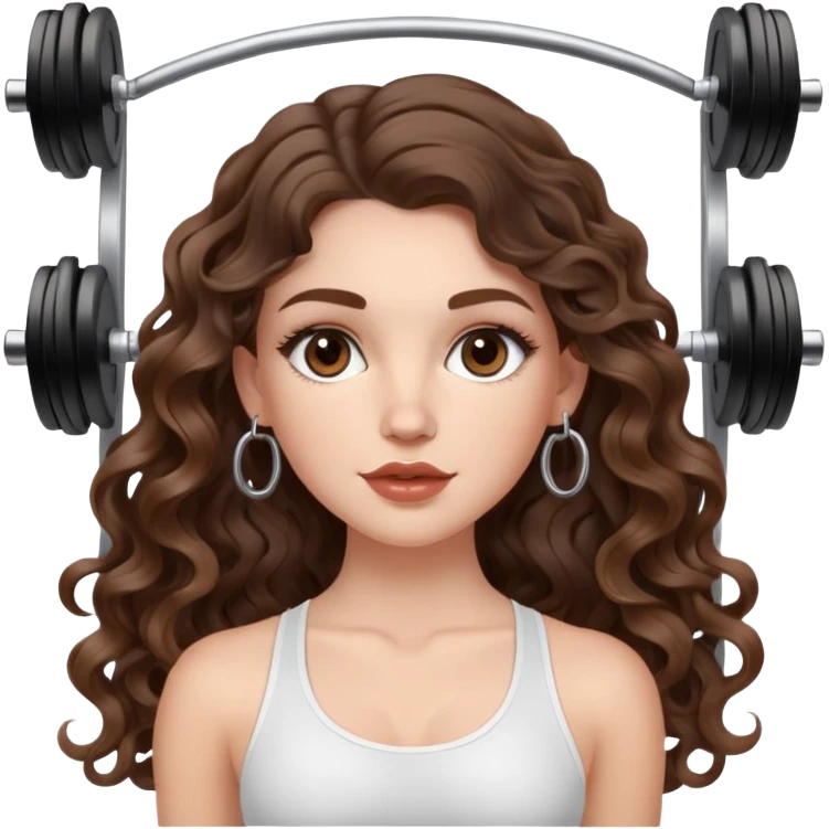 cute girl with not volominous VERY LONG curly/wavy brunette hair with balayage, brown eyes, full lips, natural clean girl makeup and hoop earrings white girl:  DOING SCULPT PILATES WITH WEIGHTS emoji