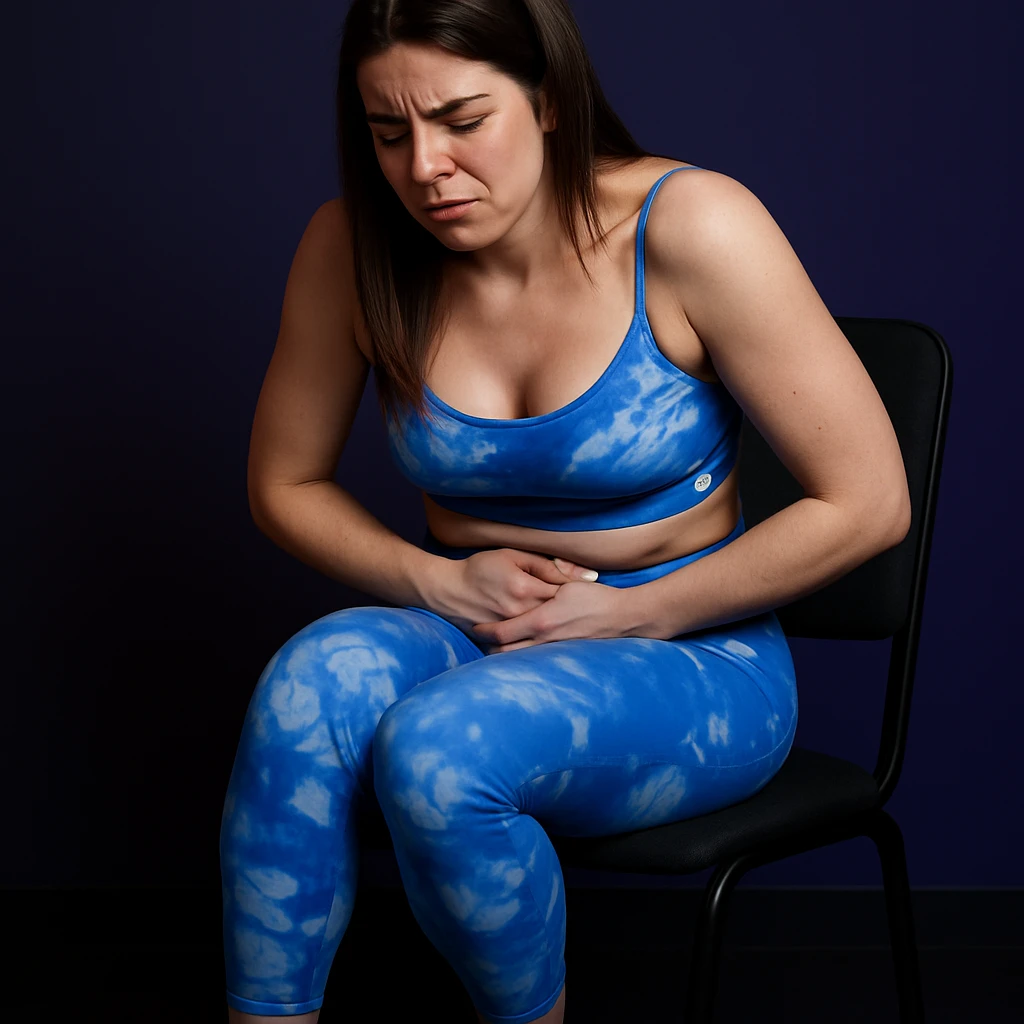A slender woman in 4K sitting on a chair with crossed legs, slightly bending forward, hands pressing on the lower abdomen, face tense from pain, inspired by the reference photo. emoji