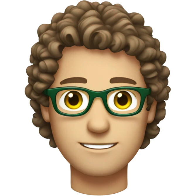 Caucasian male, shoulder length curly brown hair, green eyes, brown glasses, stubble emoji