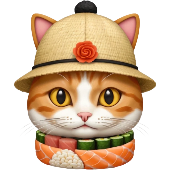 cat with its fingers crossed wearing a hat made out of sushi emoji