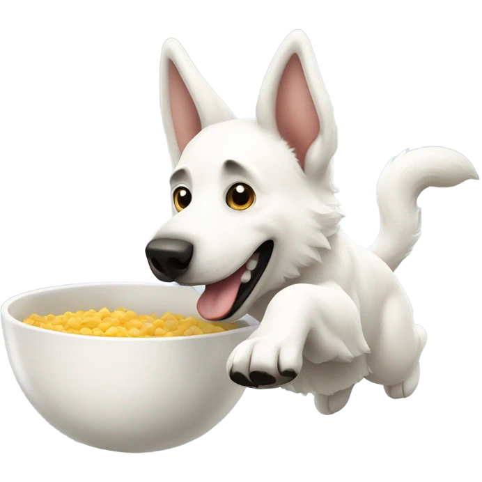 White German Shepherd chasing a bowl emoji