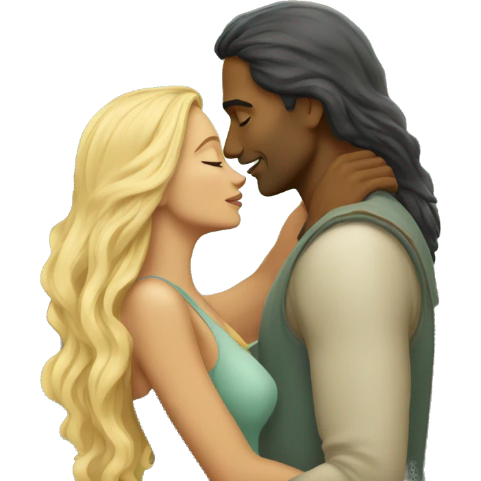 blonde woman with indian man that has long hair, romantic kiss under tree emoji