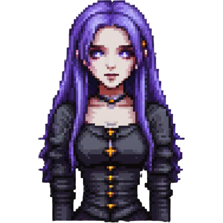 pixel art of a gothic woman with purple hair, witchy touch emoji