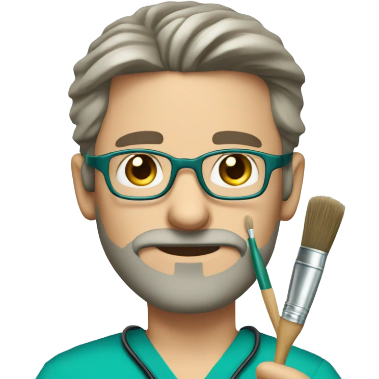 male dark blond with grey beard doctor with hazel eyes and wire-rimmed glasses in teal scrubs holding a paintbrush emoji