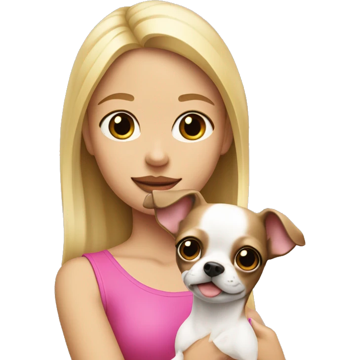 blonde girl with pink & white dark brown chihuahua in her arms emoji