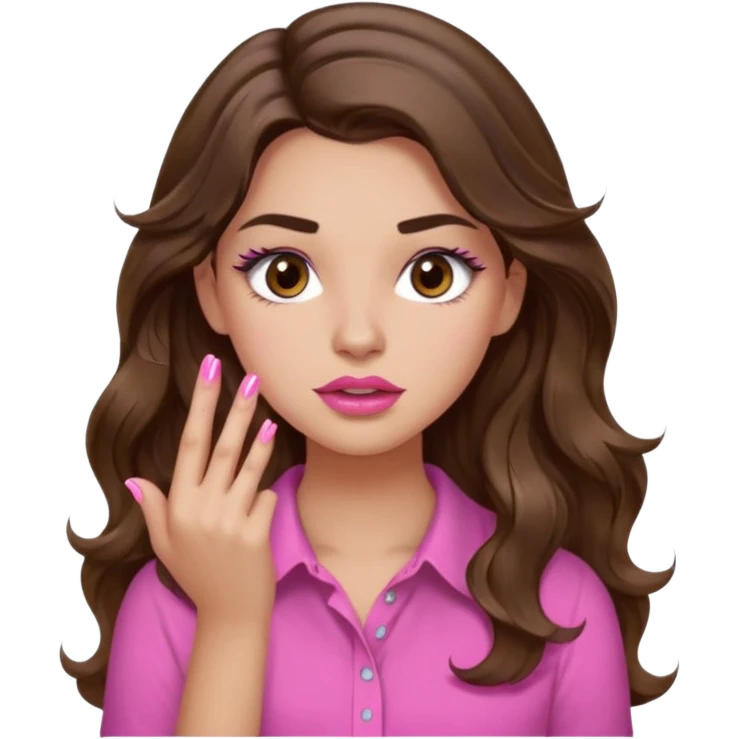 girl with long wavy brown hair, brown eyes, light to medium complexion, in a pink shirt, pink lips, long lashes, puckered lips, showing off painting nails emoji