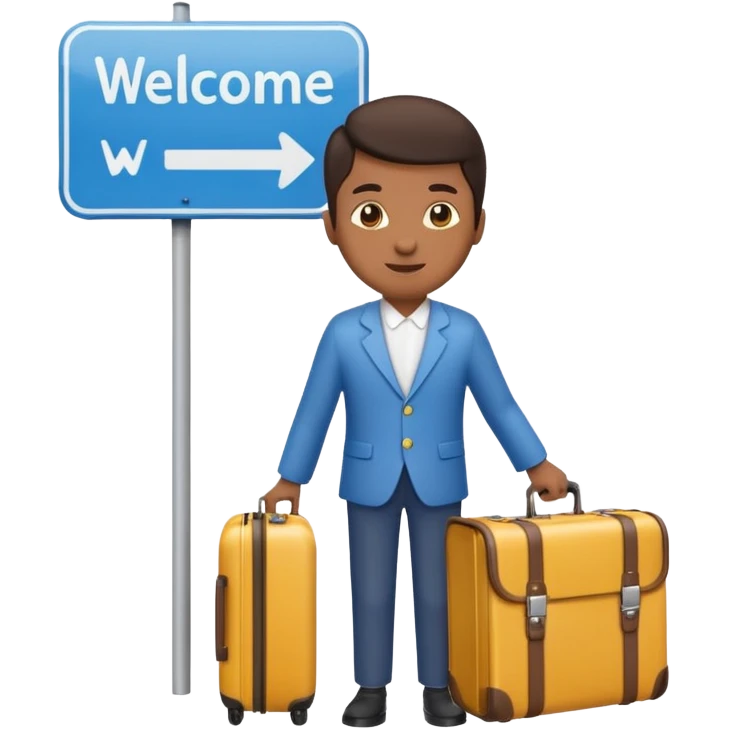 a person holding a suitcase standing next to a welcome sign for a city, friendly and vibrant emoji style emoji