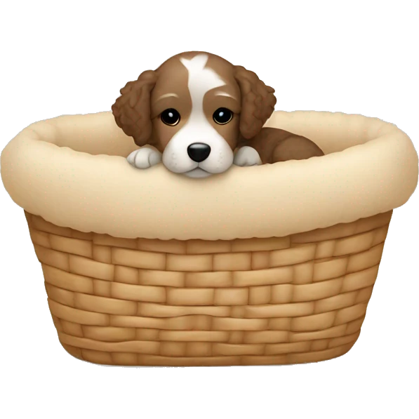 Little cute havapoo is sleeping in a beige dog basket emoji