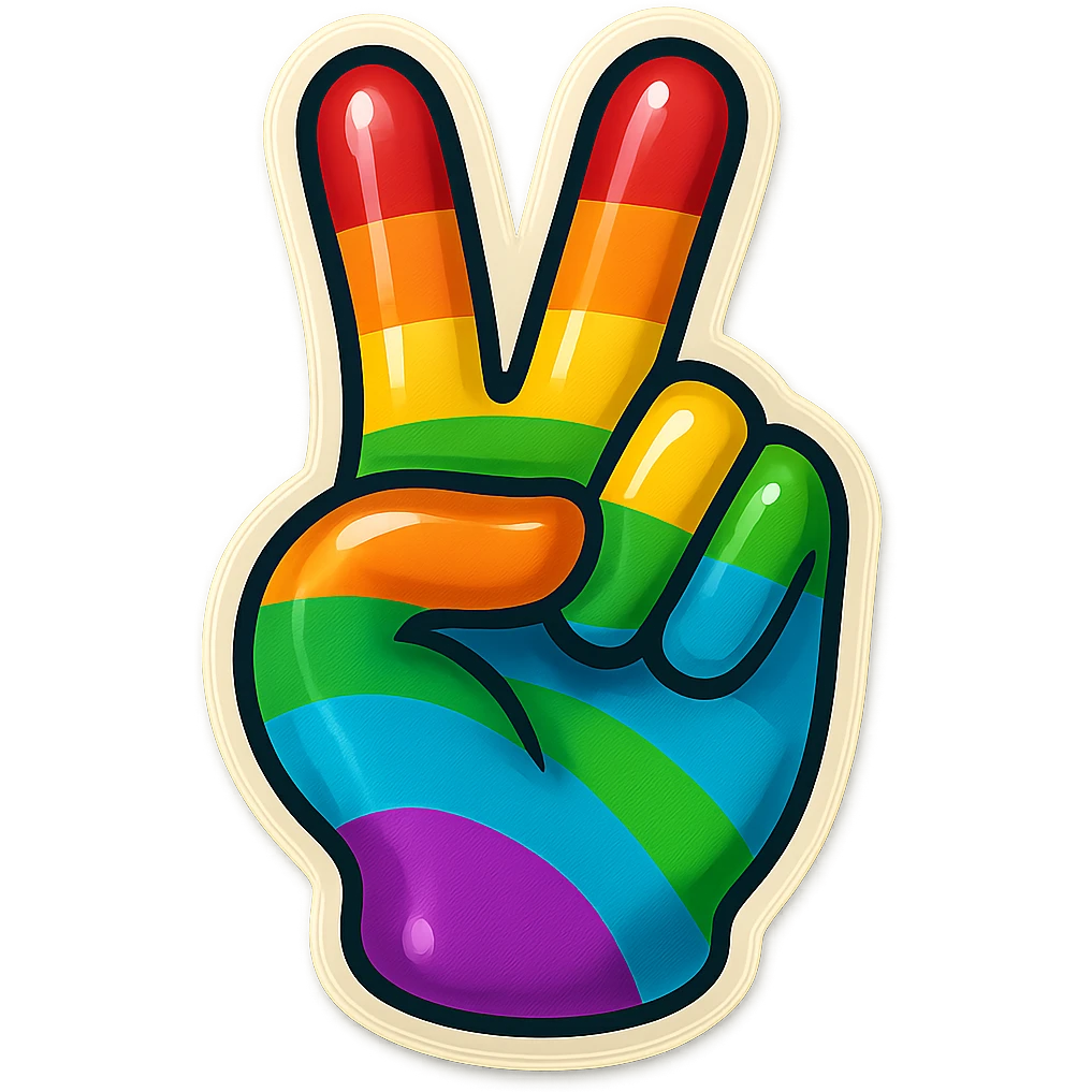 a peace sign hand gesture with rainbow colors, retro sticker style emoji
