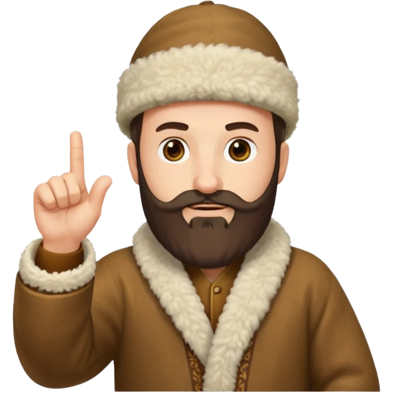 Create an emoji-style illustration of a Caucasian man from the Caucasus region, wearing a traditional woolen papakha hat and a robe made of sheepskin. He has a thick beard and is pointing one finger upward. The style should be simple and expressive, like an emoji. emoji