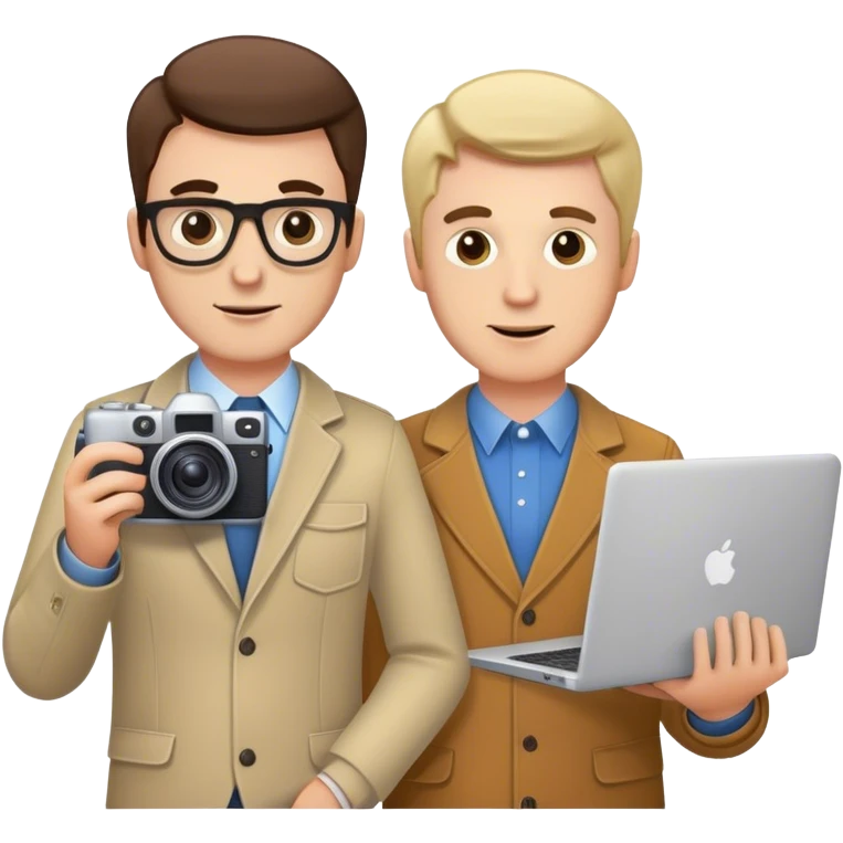 2 people, one is holdig a camera and the other is holdig a laptop, white people, owning a marketing agency, attractive men emoji