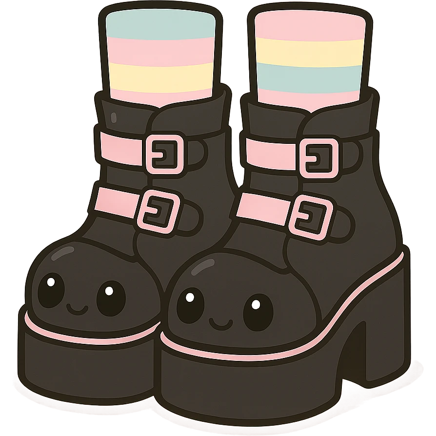 BLACKPINK-inspired gothic shoes, no hearts, black and pink, cute and stylish, kawaii style, platform boots with buckles, pastel rainbow socks emoji