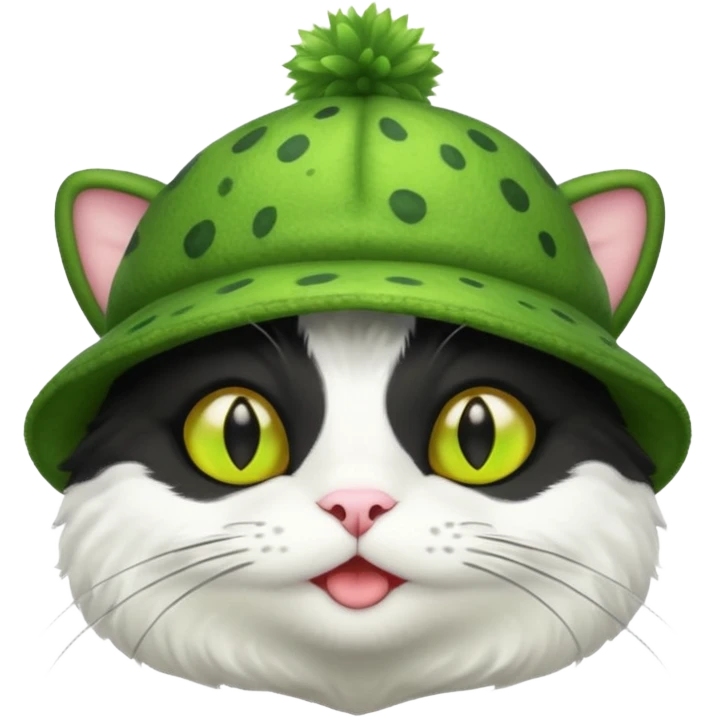 Black and white cat with a frog-shaped hat emoji
