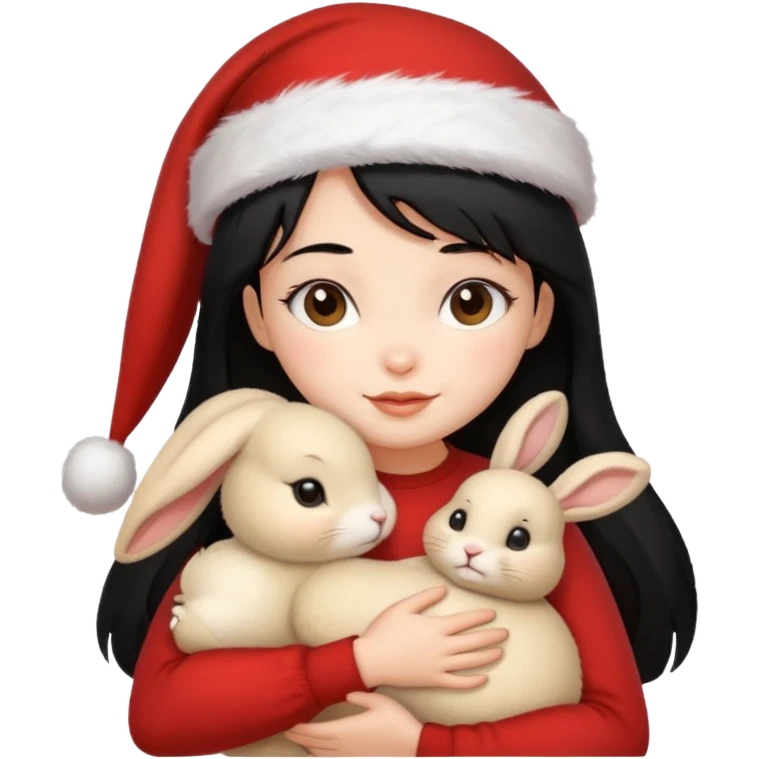 Girl black hair hugging one beige rabbit christmas emoji