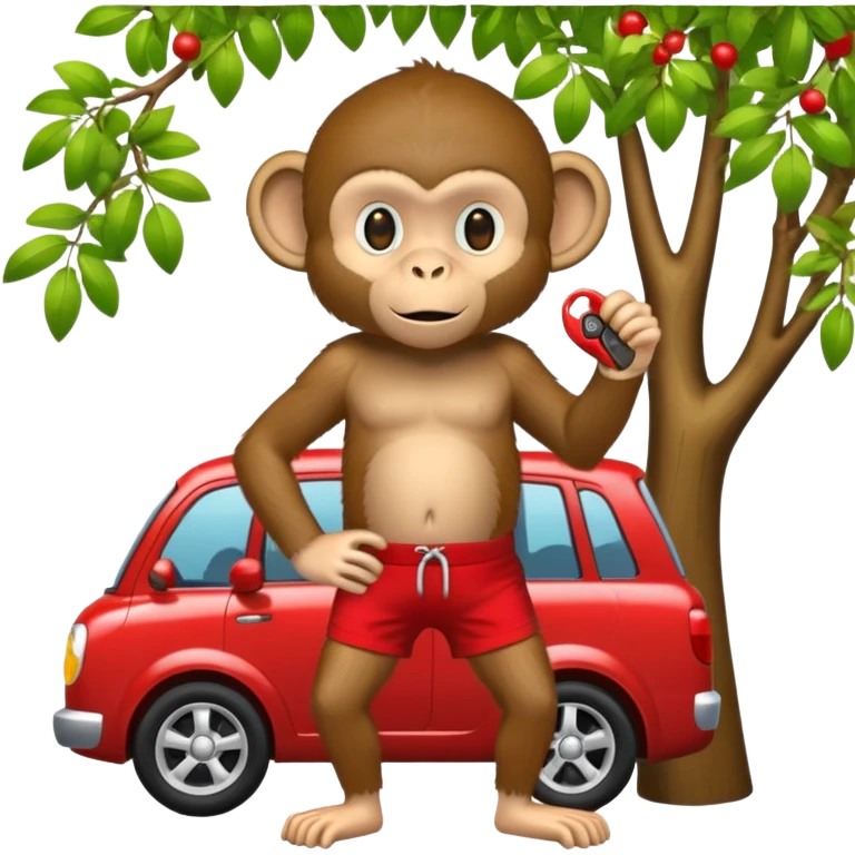 Monkey in a tree wearing red shorts with a car key in his hand emoji