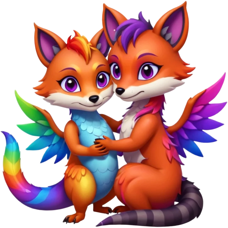 black female raccoon dragon hybrid with rainbow colored wings and purple eyes hugging a red female fox dragon hybrid with rainbow colored wings and orange eyes emoji