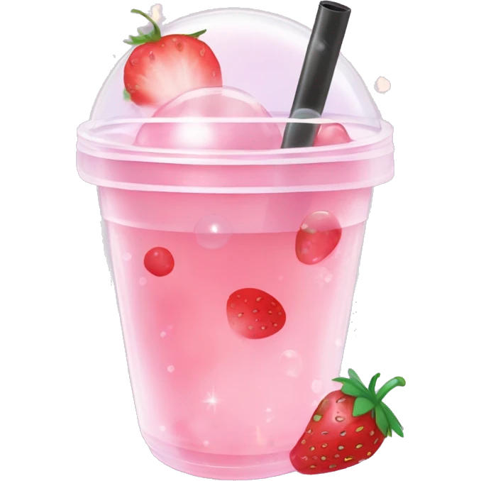 Fruit Bubble Tea "A pastel pink fruit-flavored bubble tea in a transparent cup, with glowing slices of strawberries and floating pearls that shimmer with a faint magical glow." emoji