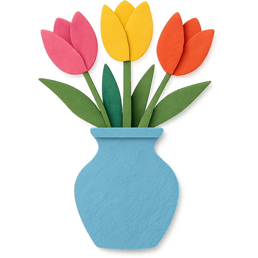 close-up of a vase filled with tulips, fine paper edges, vivid pink, yellow, and red tulips emoji