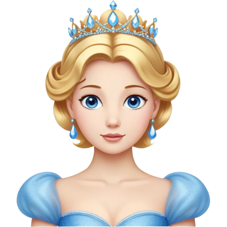 Cinematic Stunning Cinderella Portrait Emoji, Radiant in her sparkling blue ball gown, golden hair in a perfect updo, soft blue eyes full of wonder, glistening tiara, glowing with an ethereal beauty, regal yet kind, a dreamlike aura surrounds her, capturing the essence of a fairy tale princess, elegant and breathtaking! emoji