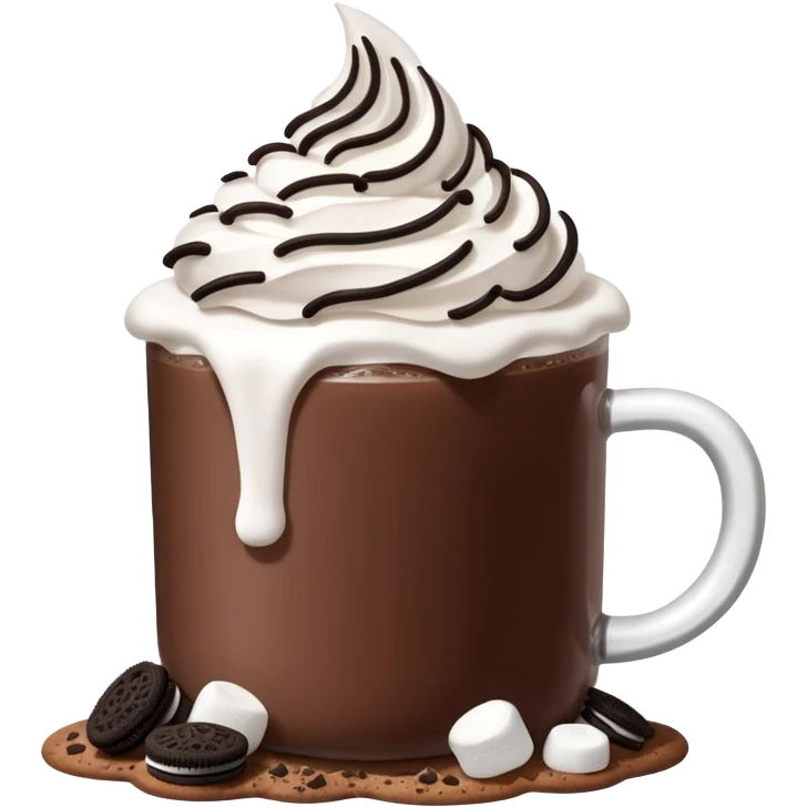 Hot chocolate with whipped cream and marshmallows on top of the whipped cream and also crunched Oreo crumbs. emoji