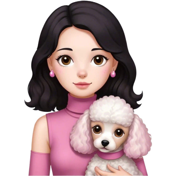  Un chica, con piel blanca, ojos cafés oscuros, con cabello negro, largo y poco ondulado, con camisa camisa rosa ajustada sin mangas y con cuello de tortuga sosteniendo un perrito pequeño de raza french poodle blanco con manchitas café en sus orejas emoji
