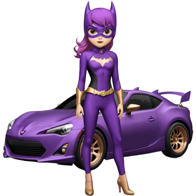 60’s Batgirl themed Satin black and rose gold Scion FR-S hot rod (tight fitting purple suit on her) emoji