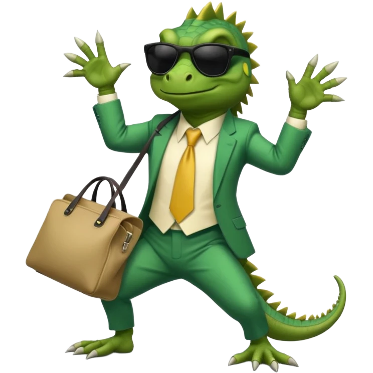 capitalist iguana banker godfather with black sunglasses breakdance with bag emoji
