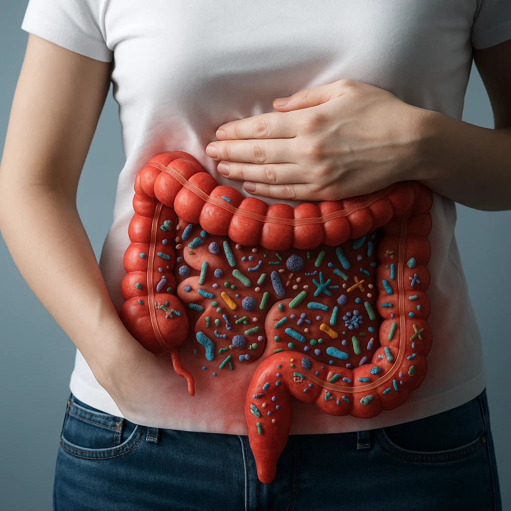 Hyperrealistic 4K anatomical section of a female body, in a similar position to the reference image, intestine without parasites but with dysbiosis: varied bacteria and microorganisms, reddened and inflamed walls, clinical atmosphere. emoji