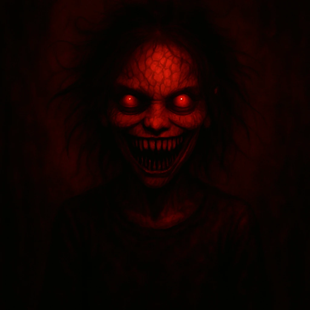 Change the color scheme to red and black with intense red lighting and shadows, using a horror palette. Keep all other details unchanged. emoji