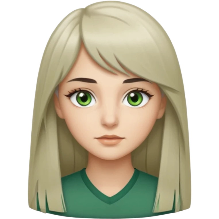 женщина с зелёными глазами, красивыми бровями, серо-бежевыми длинными волосами, с асимметричным пробором, прямой чёлкой, подстриженной каскадом emoji