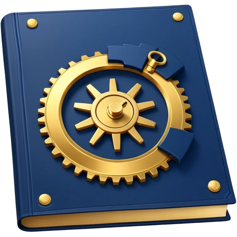 A navy blue book with gold details, metallic edges, and a golden gear with a chart with upward trend on the cover, radiating productivity, strategy, and success in motion- emoji