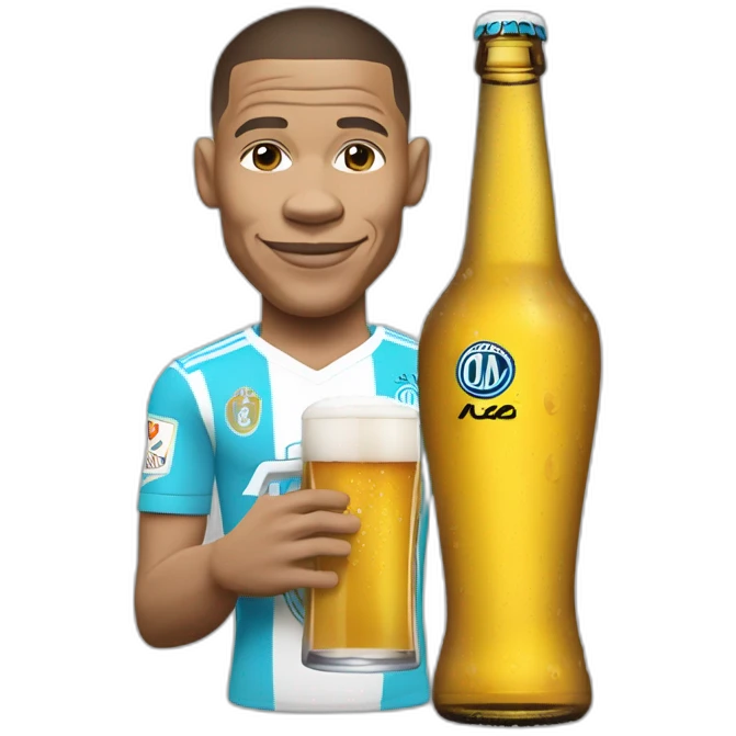 Kylian Mbappé avec un maillot de l'OM qui boit une bière emoji