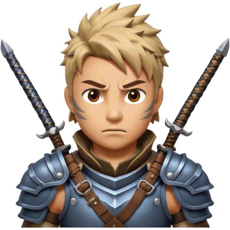 fantastic monster hunter warrior portrait, head and shoulders only, metal shoulder armor, sword strap visible, battle-worn look, intense expression, 3D cartoon, mobile game icon style, clean background, no text, no watermark
 emoji