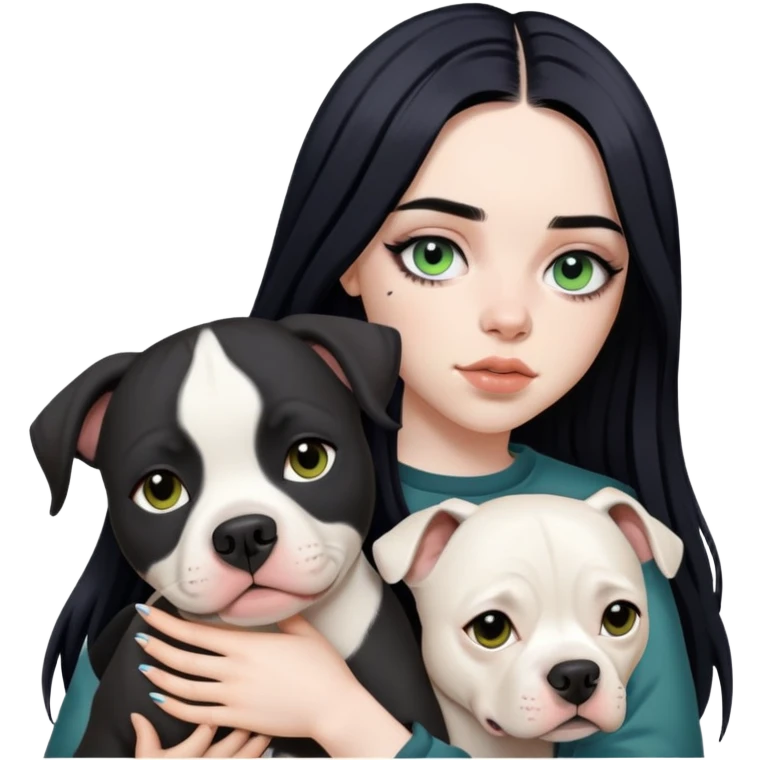 billie eilish long black hair dark eyeliner makeup, holding pitbull dog emoji