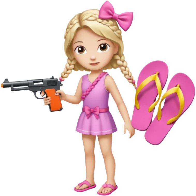 A girl who has a braid on one should and has a flipflop in one hand that has a bow while in the other hand she has a gun with a bow  emoji