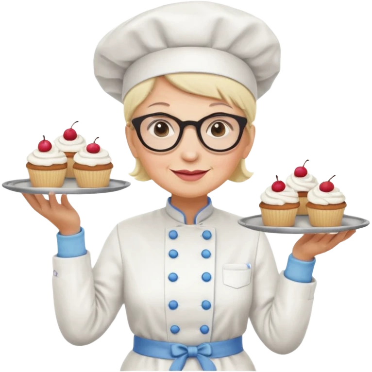 Older female pastry chef – round glasses, oven mitts on, holding a tray of cupcakes

 emoji