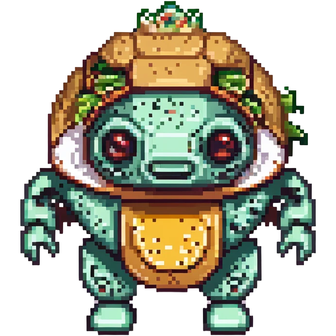 a cyborg robotic salmon who's body is made from a filled crunchy taco, with lettuce salsa meat and cheese. he is fish taco bot man his face and head, tail, and fins are metallic robotic construction, he has a slit visor across his face where his eyes should be like cyclops emoji