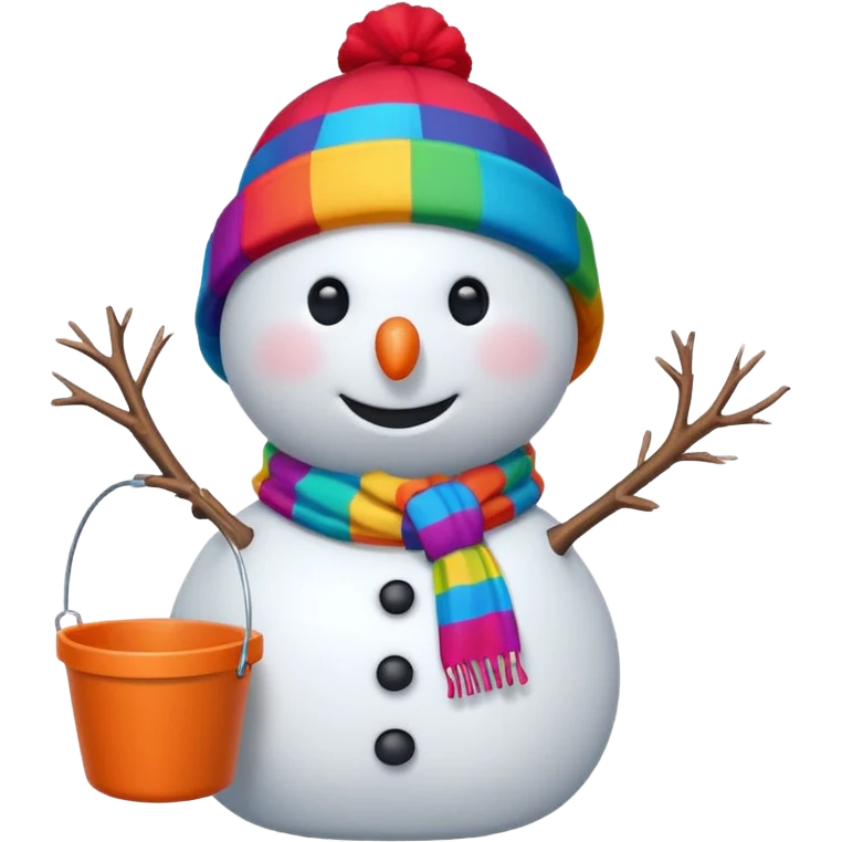 A snowman wearing a colorful scarf and a tiny bucket hat. emoji
