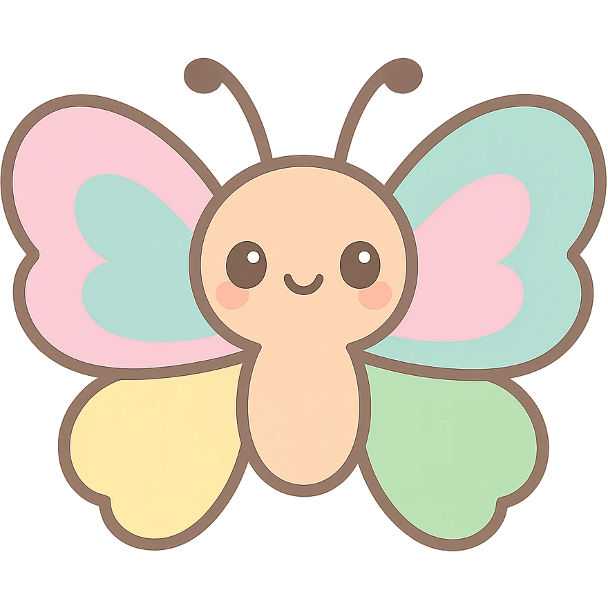 kawaii butterfly with a cute face, pastel rainbow wings, simple and adorable, soft colors emoji