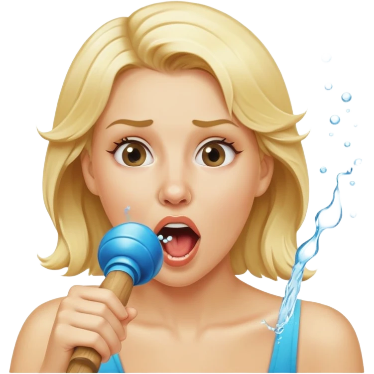 blond woman biting a wide skin-tone stick with a round knob, water jet shooting from the knob into her mouth, surprised look emoji