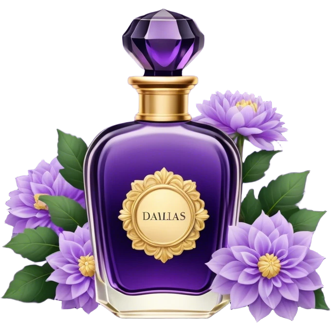 A dark amethyst vintage French-style perfume bottle with intricate golden detailing rests elegantly on an antique vanity. Surrounding it, delicate periwinkle dahlias and soft lavender sprigs add a touch of romantic charm. The glass reflects a warm glow from a nearby candle, enhancing its deep violet hues. The scent of aged vanilla and floral notes lingers in the air, evoking an aura of timeless elegance. emoji