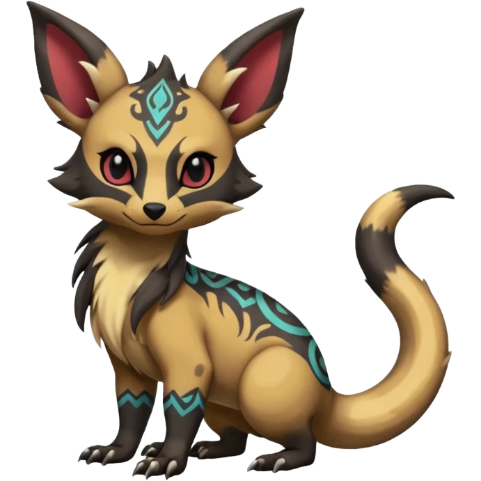 Rare warm-colored exotic cute epic aesthetic gothic colorful Salandit-Eevee-Civet-species-Fakemon-hybrid-creature, with tribal tattoo markings, full body emoji