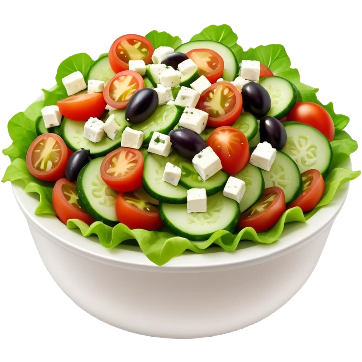 Cinematic Realistic Greek Salad Dish Emoji, depicted with crisp lettuce, tomatoes, cucumbers, olives, and feta cheese rendered with vibrant textures and fresh, natural lighting. emoji