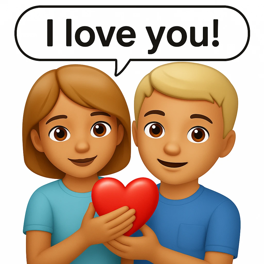 Add a speech bubble with the greeting 'I love you!' to the image, keeping the emoji style happy and affectionate emoji