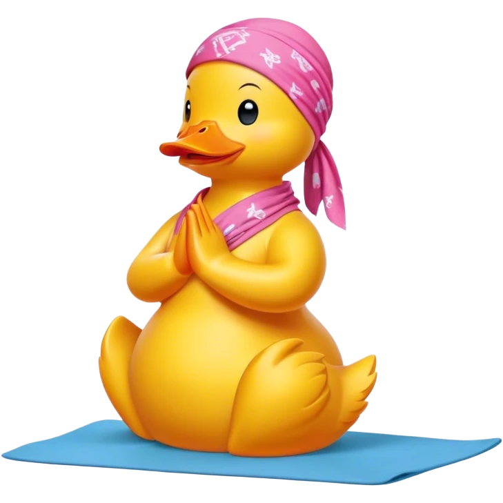 side view of yellow rubber duck with a pink bandana doing yoga while praying emoji