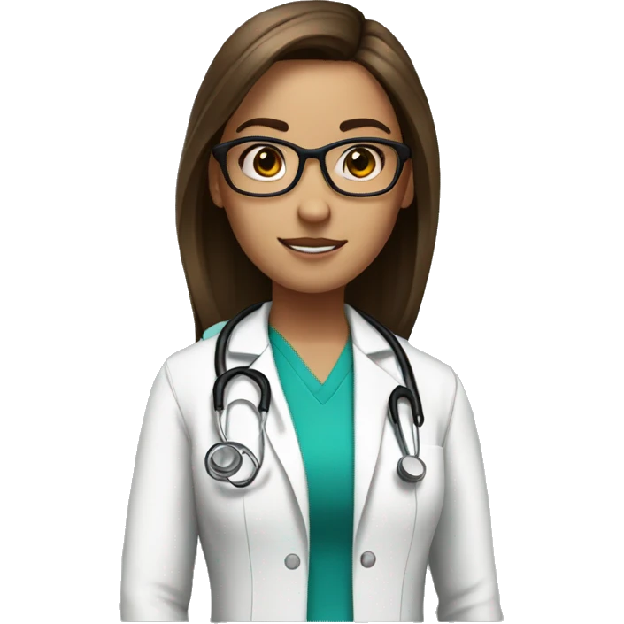 doctor, girl, brown hair, straight hair, blak eyes, glasses emoji