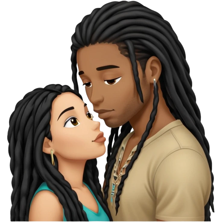 Latina Woman with long hair kissing a young black guy with dreads no beard emoji